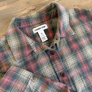 Lands End Womens Medium Plaid Flannel Long Sleeve Button Up Shirt Outdoors